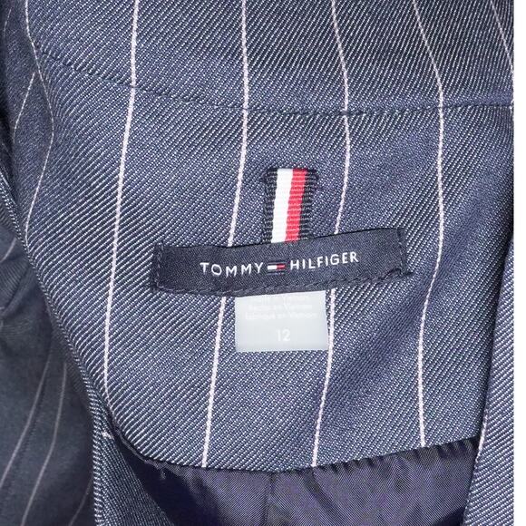 TOMMY HILFIGER Preppy Jacket Twill Pinstriped Open Front Navy Blazer Sz 12 - Picture 4 of 12